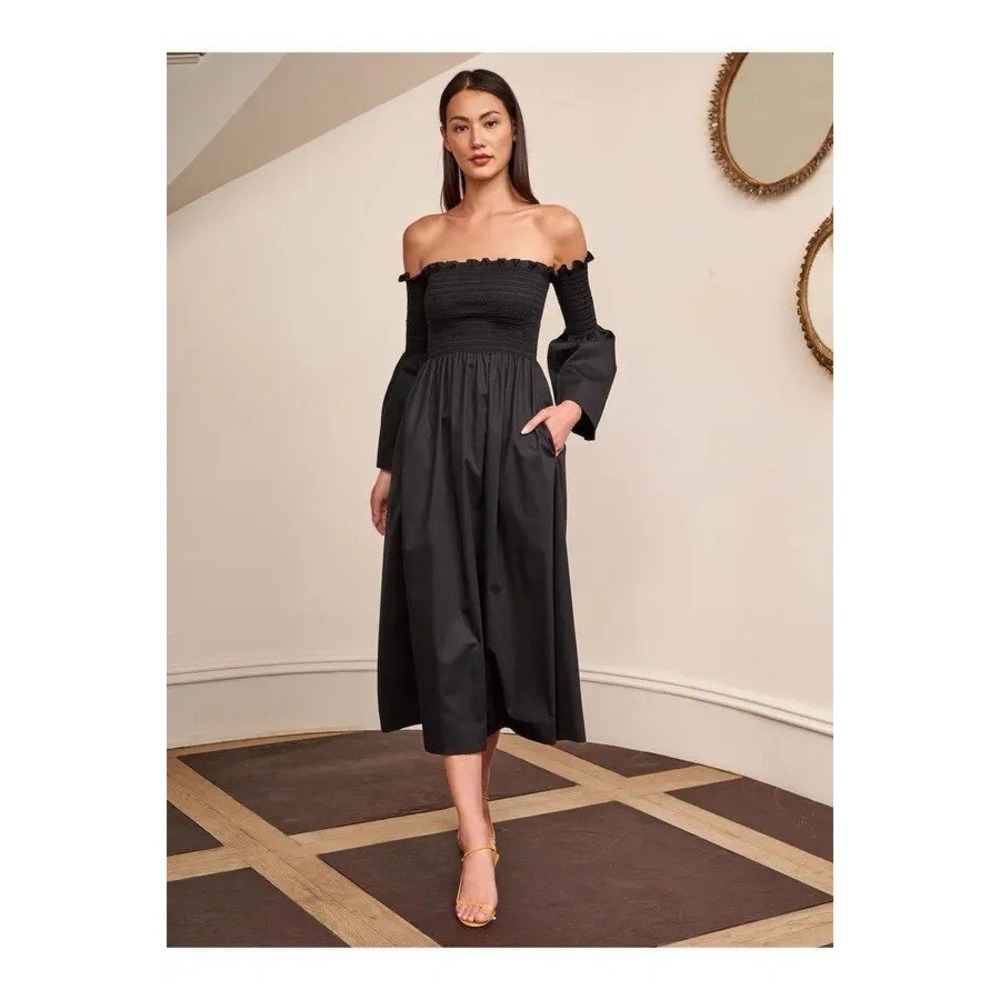 NWT! LA LIGNE Belle Smocked Off-Shoulder Midi Dress 100% Cotton Black Smock XS